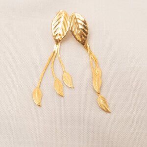 Gold Post Back Earrings, Leaf Themed, 1980s
